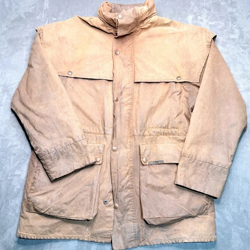 Vtg Outback Trading Co Jacket Mens M Swagman Brown Oilskin Plaid Lined Hunting